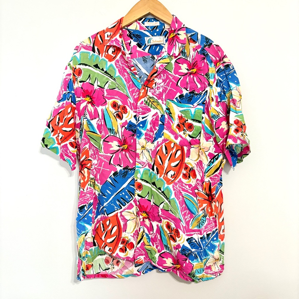 Islander Hawaiian Vintage Vibrant Colorful Floral Men's Shirt Size Large